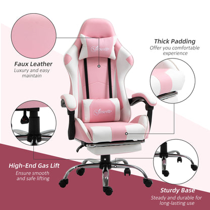 Vinsetto Gaming Desk Chair with Headrest and Retractable Footrest - Pink