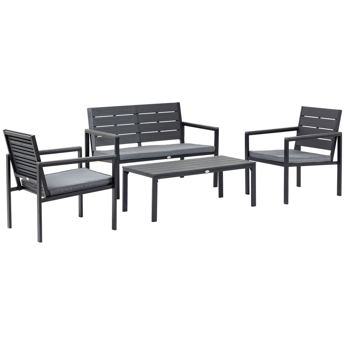 Outsunny 4 Piece Garden Sofa Set with Padded Cushions and Wood Grain Coffee Table - Grey