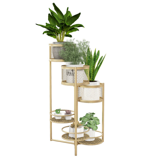 6 Tiers Foldable Plant Stand with 3 Flowerpots and 3 Trays-Golden