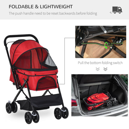 عربة أطفال PawHut Pet Stroller للكلاب للسفر قابلة للطي والركض مع مقبض قابل للعكس وسلة فرامل EVA ومظلة قابلة للتعديل ومقود أمان باللون الأحمر