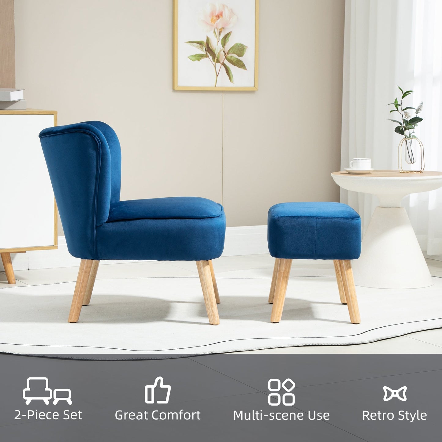 Velvet-Feel Tub Chair and Footstool - Blue