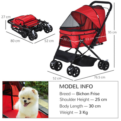 عربة أطفال PawHut Pet Stroller للكلاب للسفر قابلة للطي والركض مع مقبض قابل للعكس وسلة فرامل EVA ومظلة قابلة للتعديل ومقود أمان باللون الأحمر