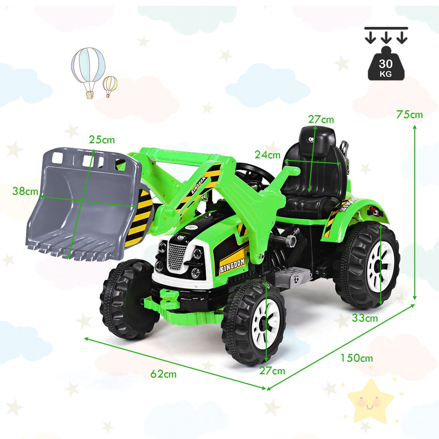 12V Battery Powered Kids Ride on Excavator with Horn and Safety Belt-Green