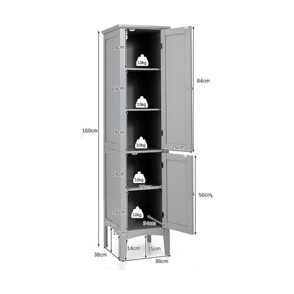 2-Door 160cm High Freestanding Bathroom Cabinet with 5-Tier Shelves-Grey