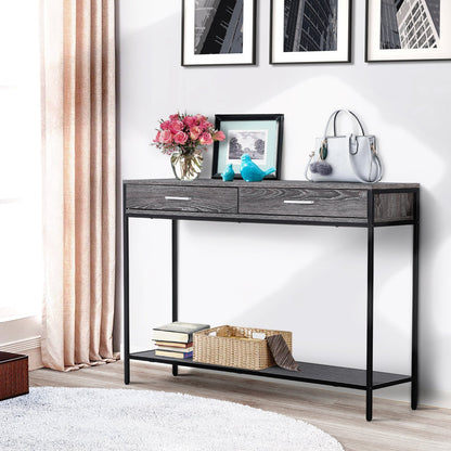 Industrial Console Table Narrow Worktop with Bottom Shelf & Two Drawers Grey Wood