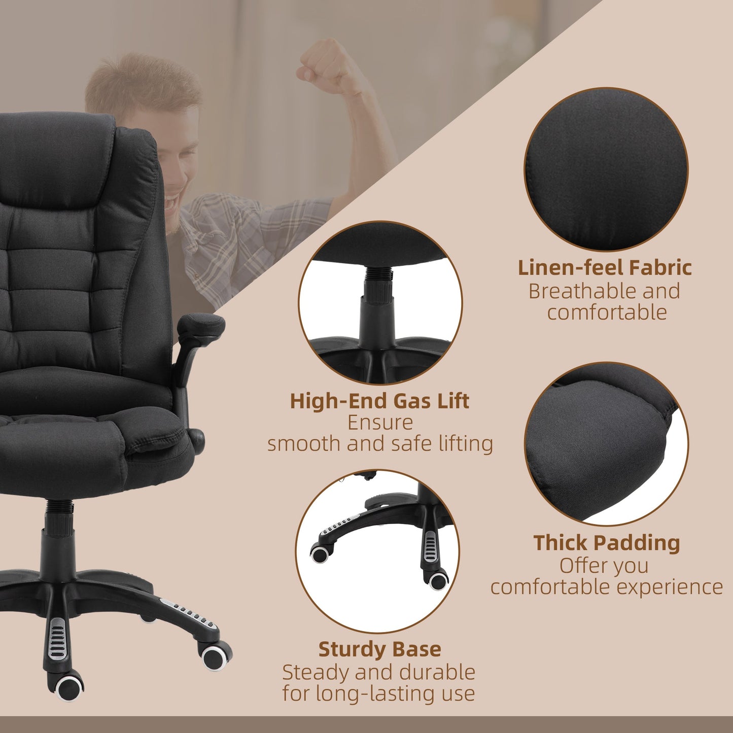 Vinsetto Massage Recliner Chair Heated Office Chair with Six Massage Points Linen-Feel Fabric 360Â° Swivel Wheels Black