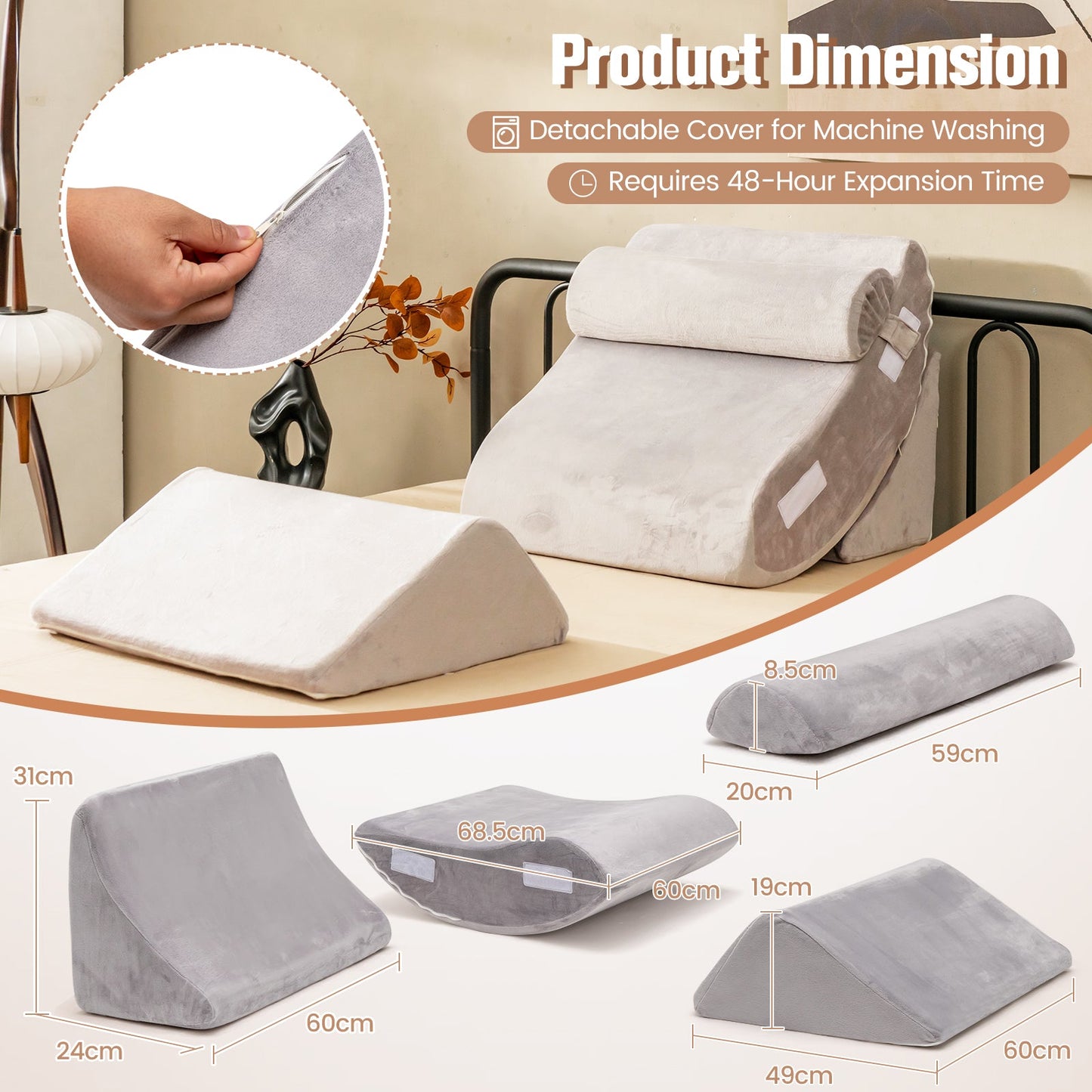 4 Pieces Memory Foam Bed Wedge Pillow Set with Machine Washable Cover-Grey
