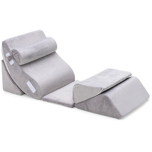 6 Pieces Folding Memory Foam Bed Wedge Pillows Set with Headrest-Grey
