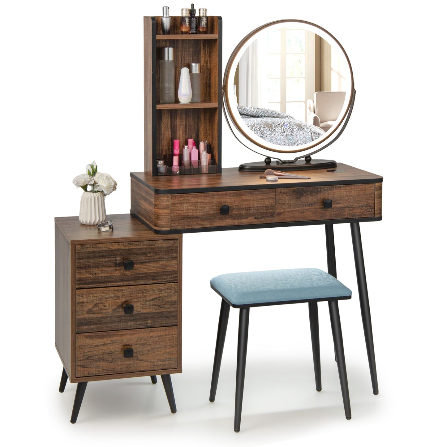 Vanity Table Set with 3-Colour Round Mirror and Charging Station