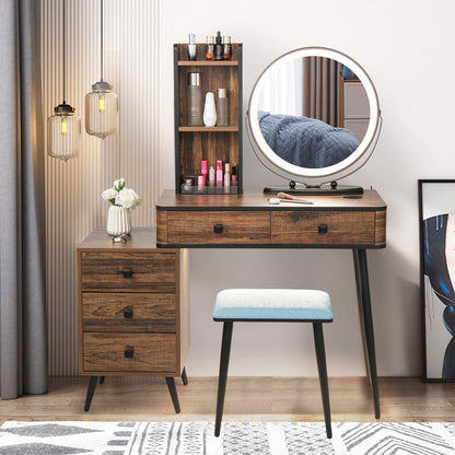 Vanity Table Set with 3-Colour Round Mirror and Charging Station