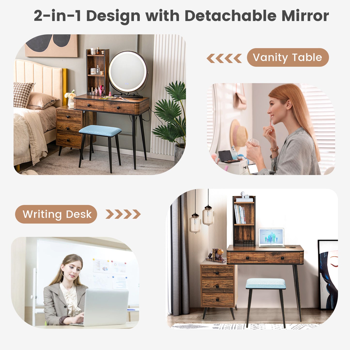 Vanity Table Set with 3-Colour Round Mirror and Charging Station