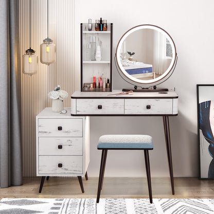 Vanity Table Set with 3-Colour Round Mirror and Charging Station-White