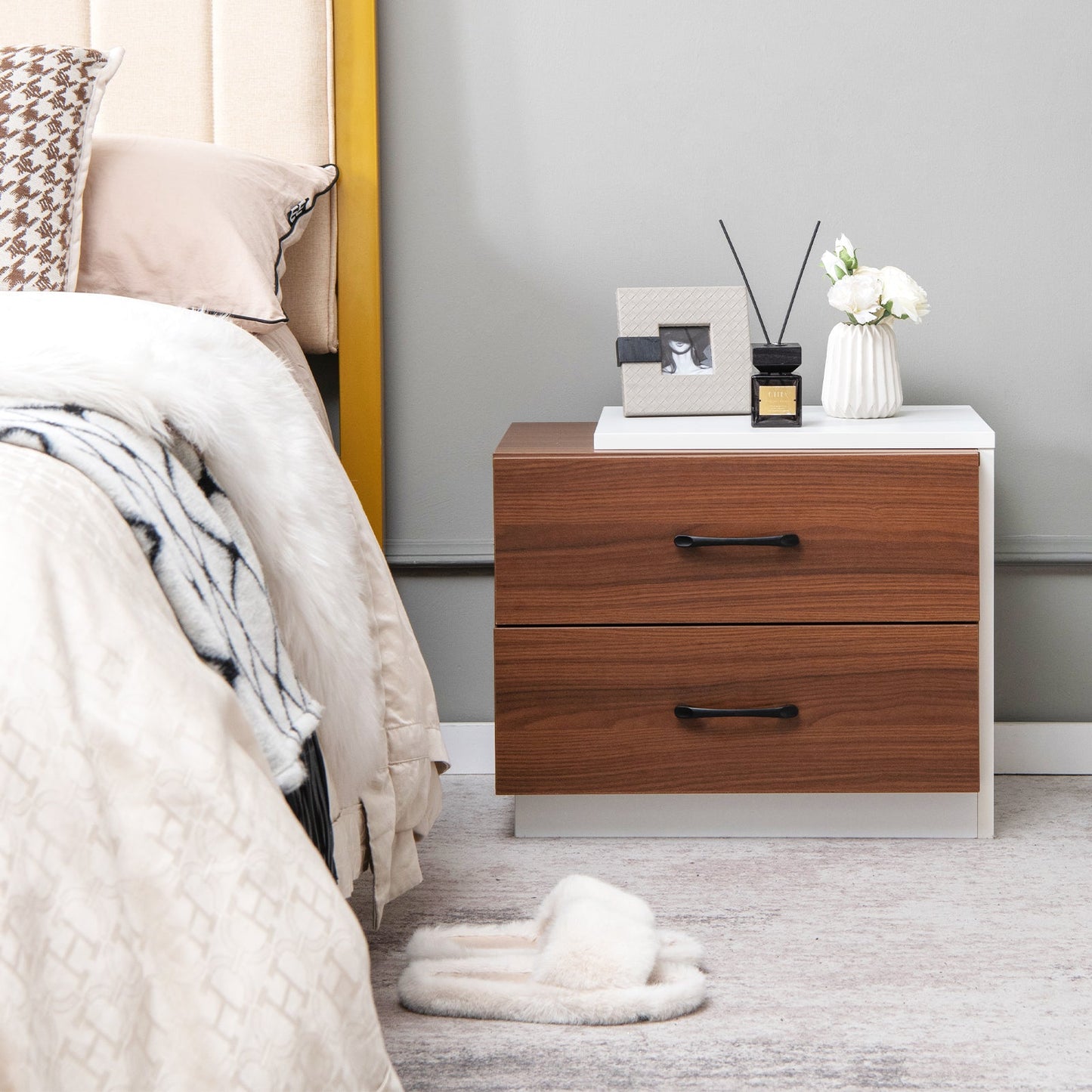 Wooden Bedside Table with 2 Drawers for Living Room Bedroom-Walnut