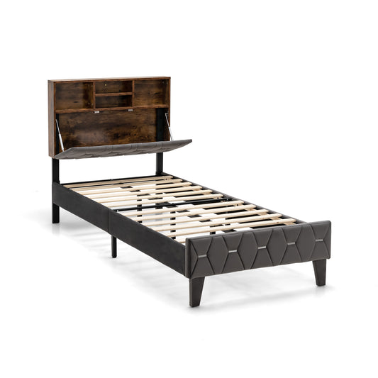 Single/Double/King Bed Frame with Storage Headboard and Slat Support