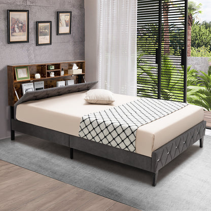 Single/Double Bed Frame with Storage Headboard and Slat Support-Double Size