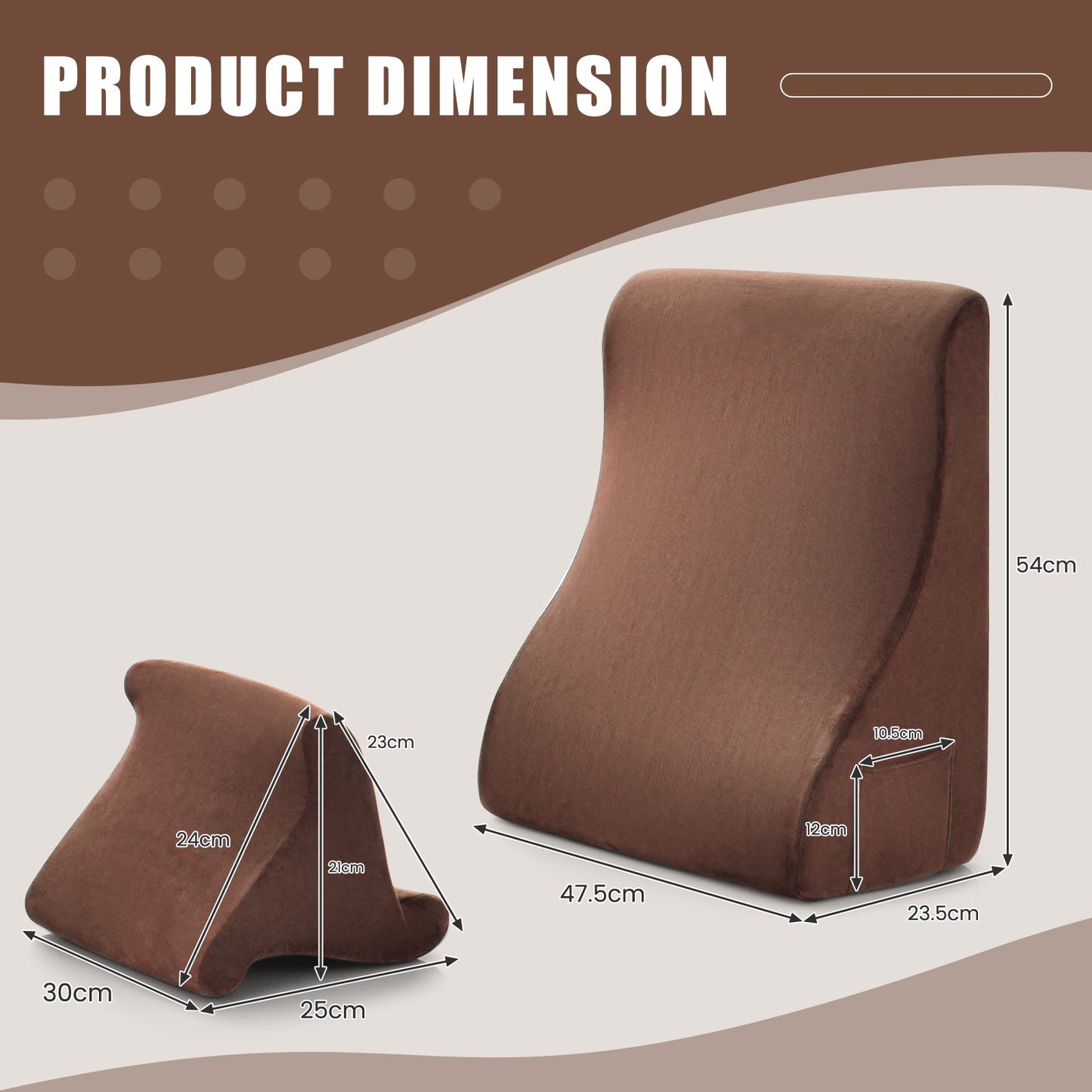 Wedge Pillow Set with Tablet Pillow Stand and SidePockets-Brown