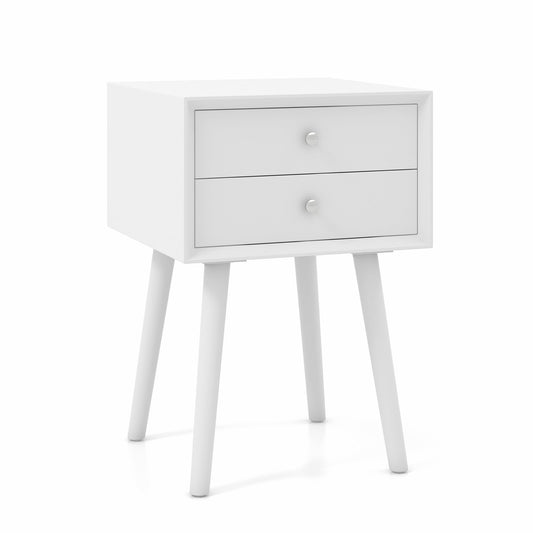 Wooden Nightstand with 2 Storage Drawers and Rubber Wood Legs-White