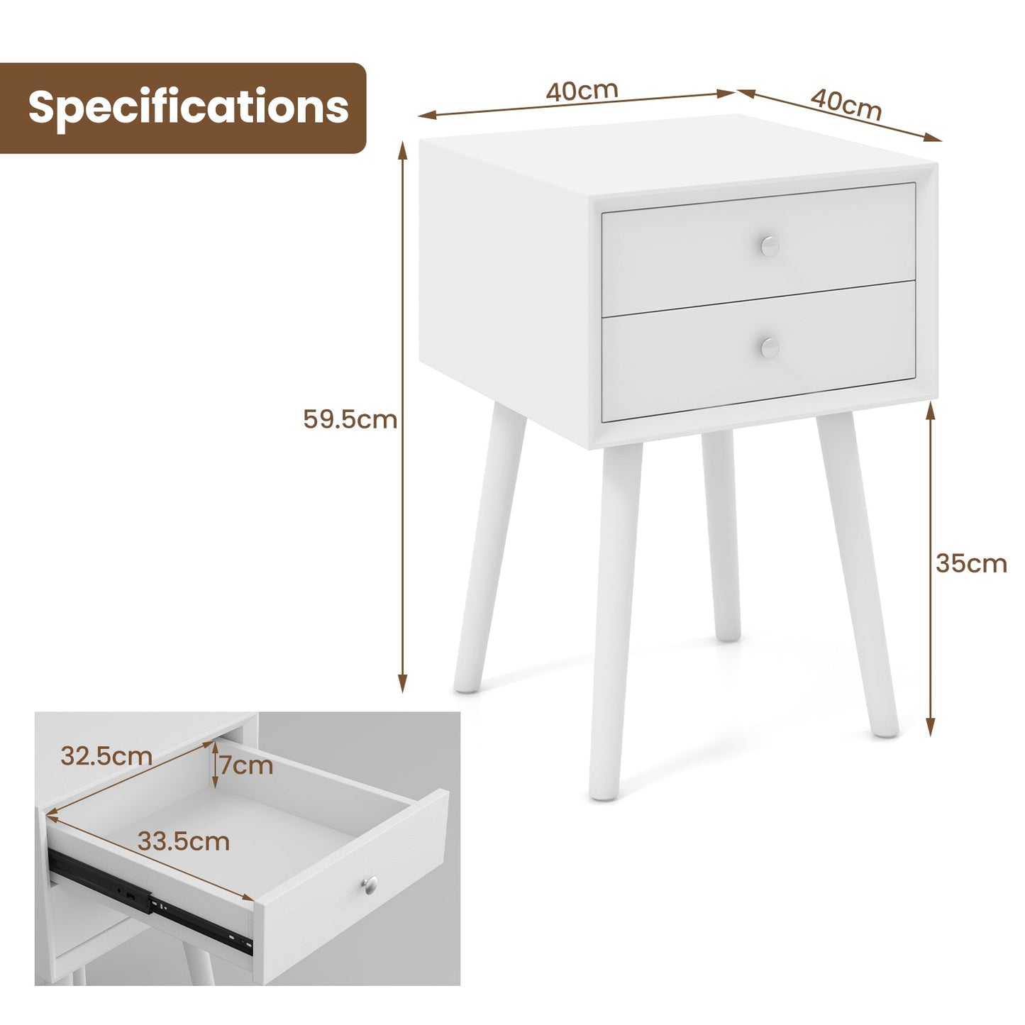 Wooden Nightstand with 2 Storage Drawers and Rubber Wood Legs-White
