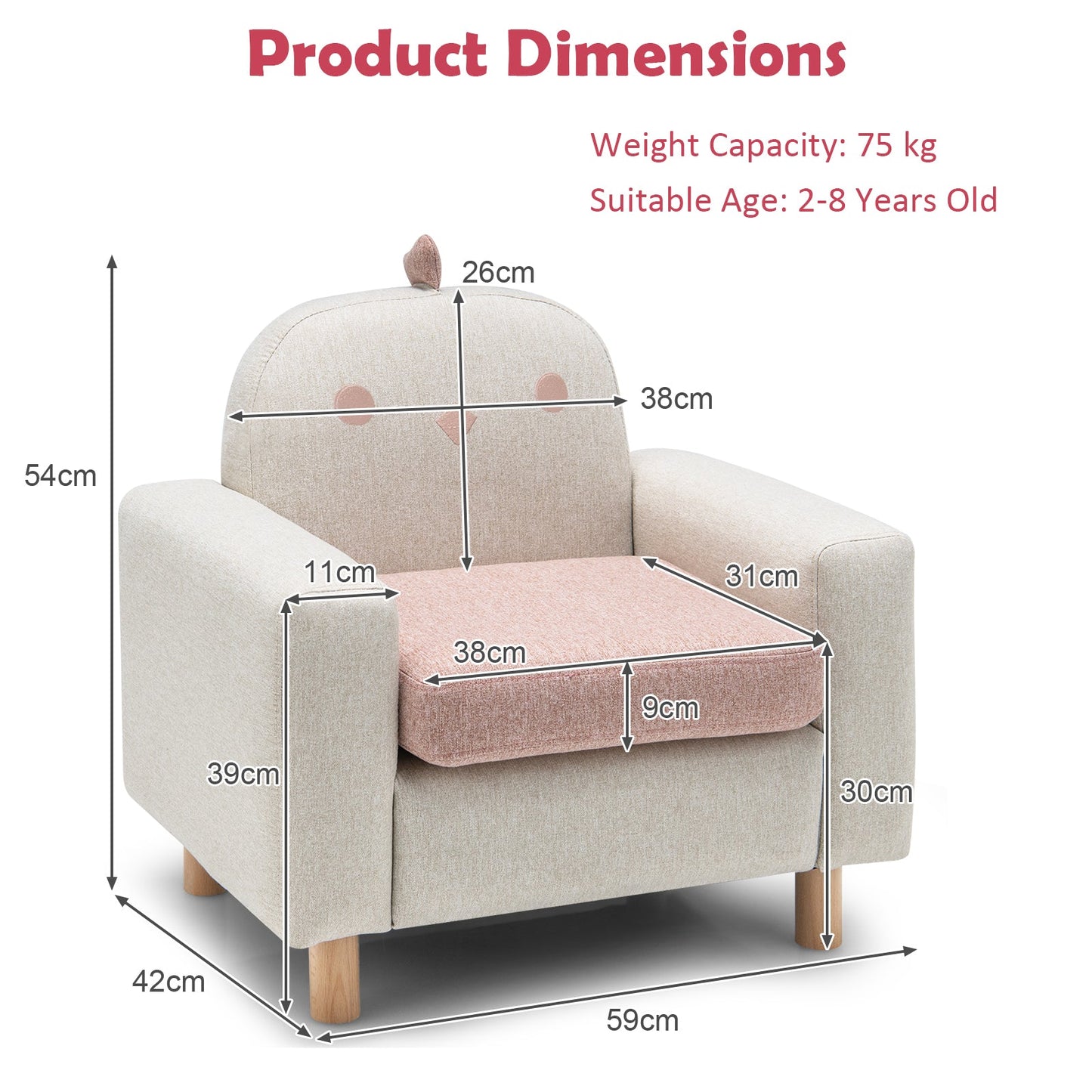 Cute Animal Toddler Armchair with Wood Frame and Thick Cushion-Pink &amp; Grey