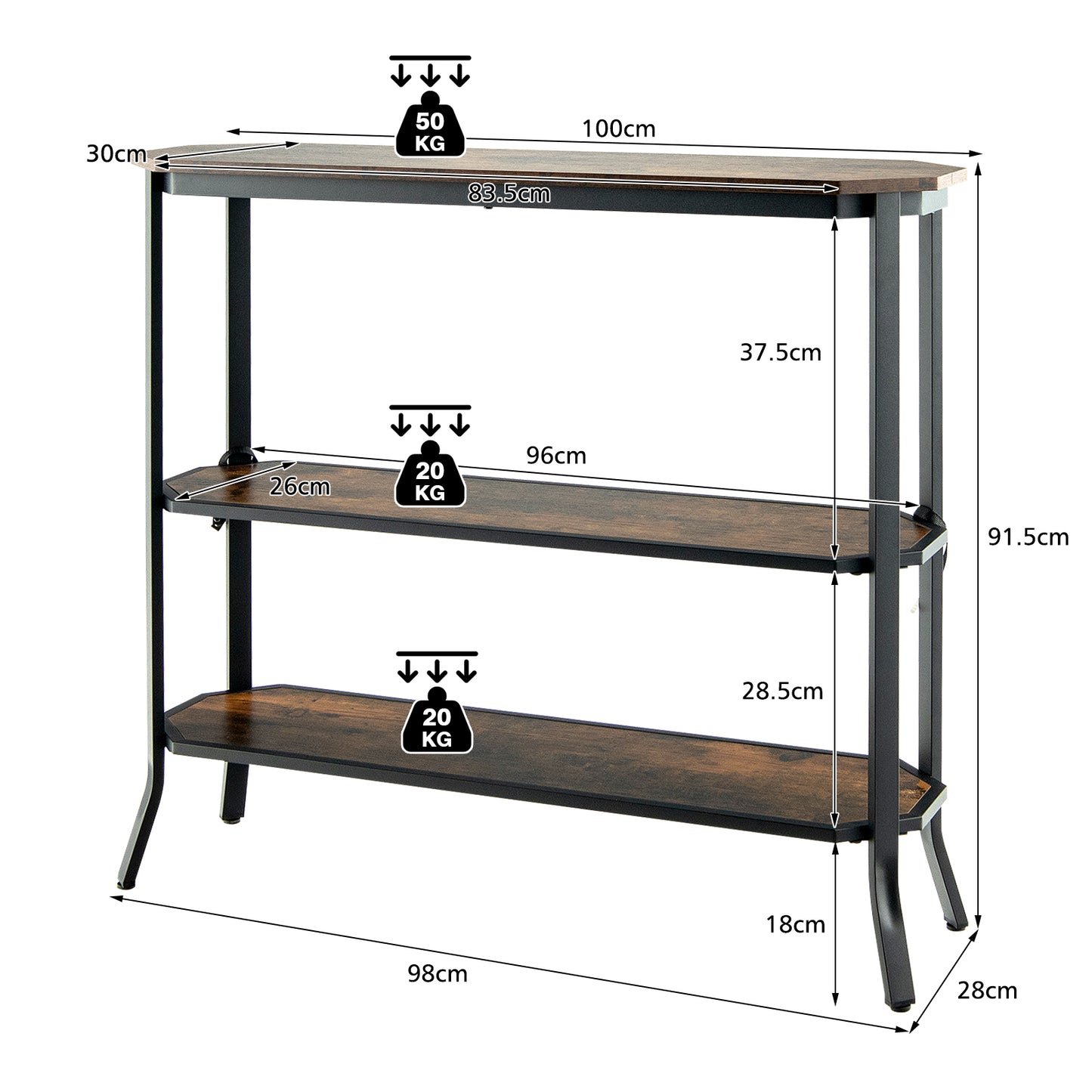 3-Tier Industrial Console Table with Storage Shelf for Home Living Room