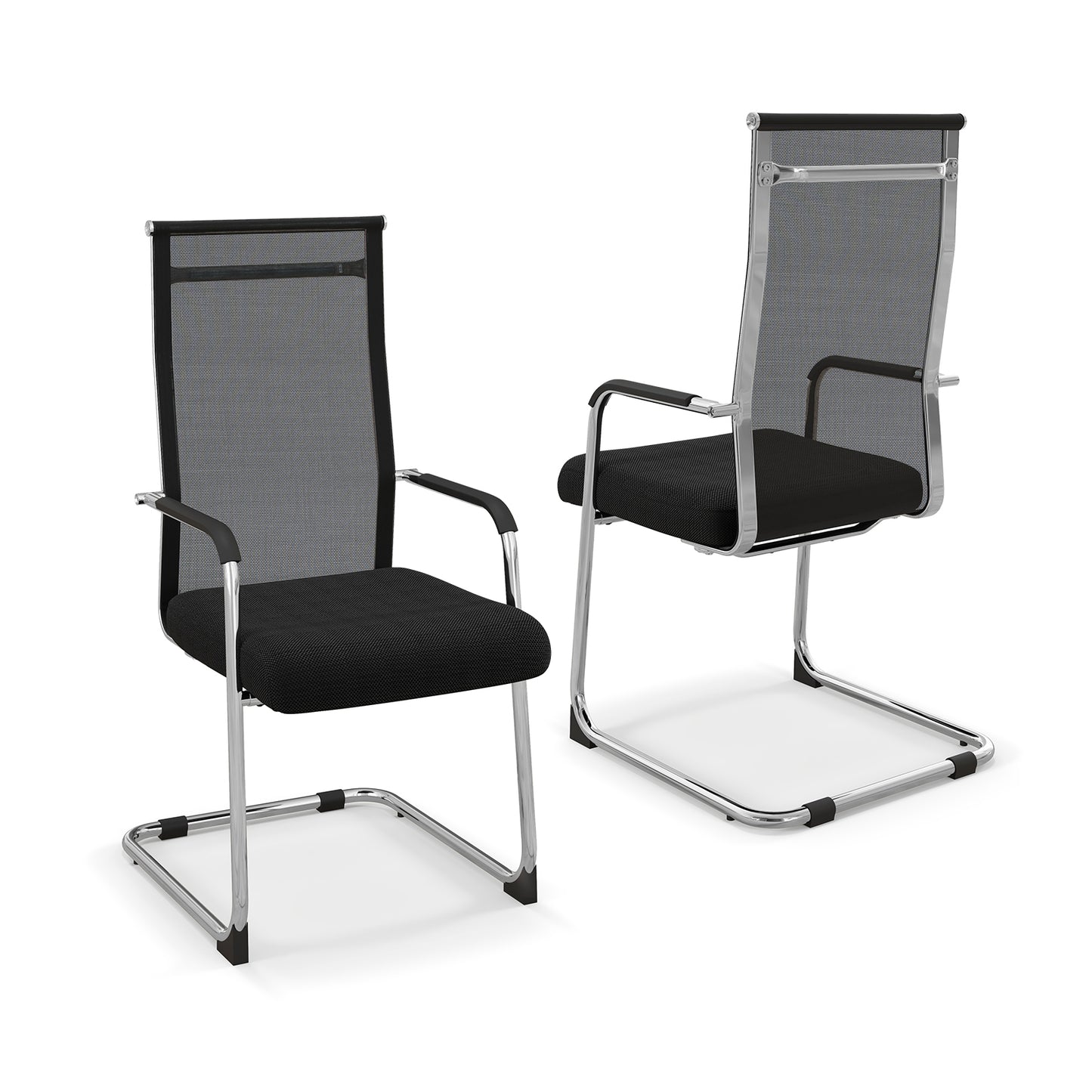 Set of 2 Office Guest Chairs with Metal Sled Base and Armrests-Black