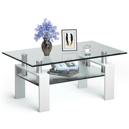 Modern Glass Coffee Tea Table with Open Shelf-White