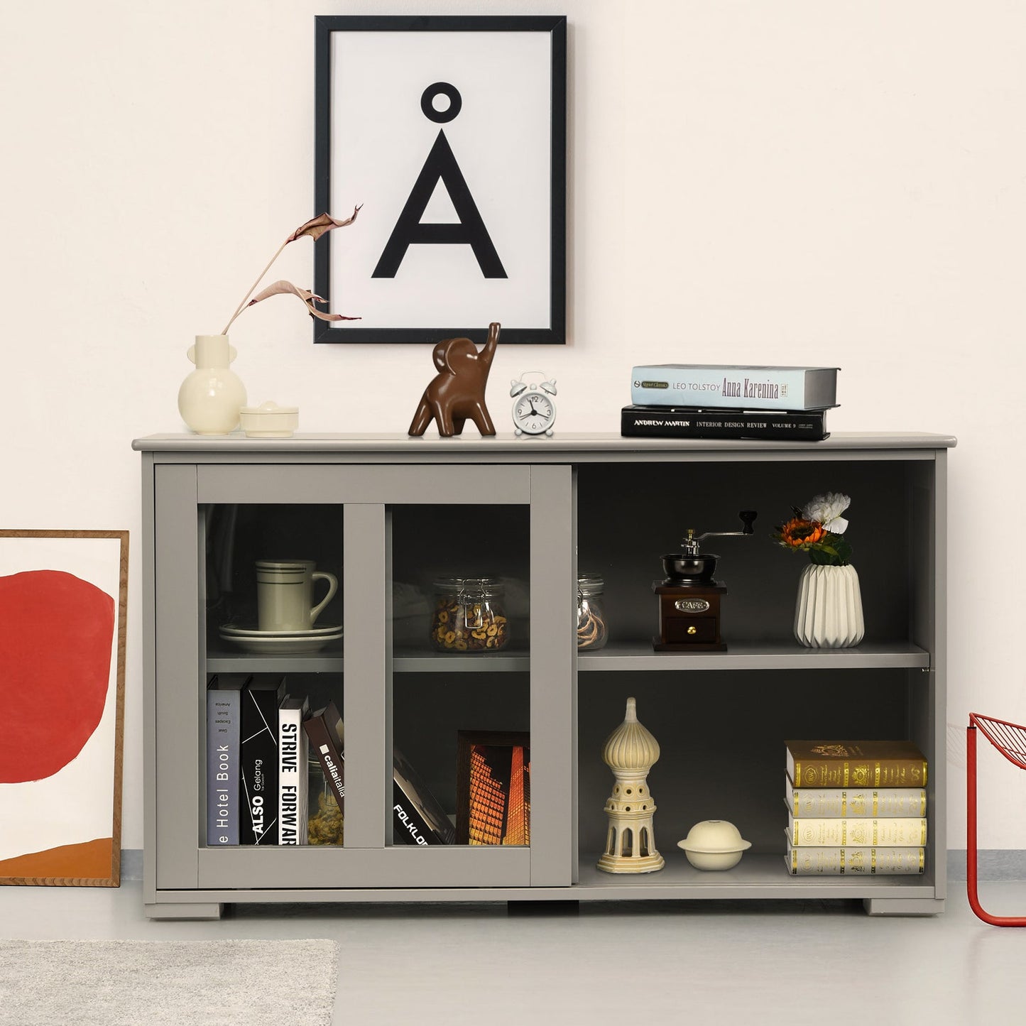 Sideboard Cabinet with Sliding Glass Doors and Adjustable Shelf-Grey