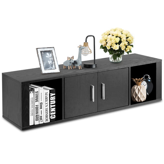 Wall Mounted Floating 2 Door Desk Hutch Storage Shelves-Black