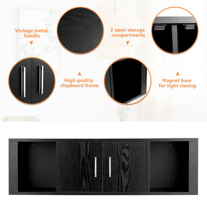 Wall Mounted Floating 2 Door Desk Hutch Storage Shelves-Black