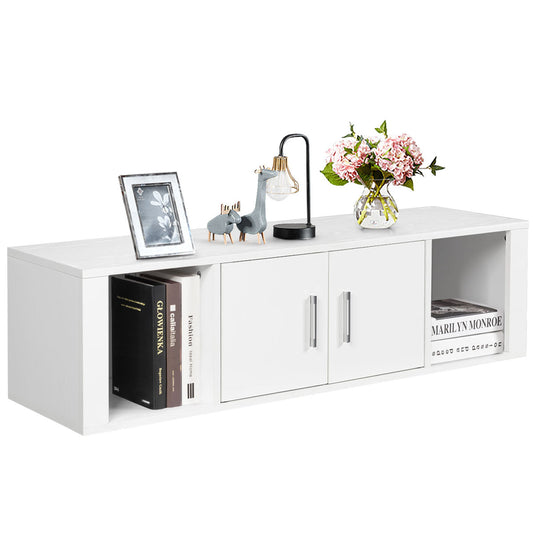 Wall Mounted Floating 2 Door Desk Hutch Storage Shelves-White