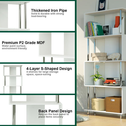 4-Tier S-Shaped Wooden Bookshelf for Living Room Bedroom Office-White