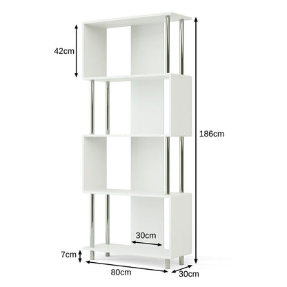 4-Tier S-Shaped Wooden Bookshelf for Living Room Bedroom Office-White