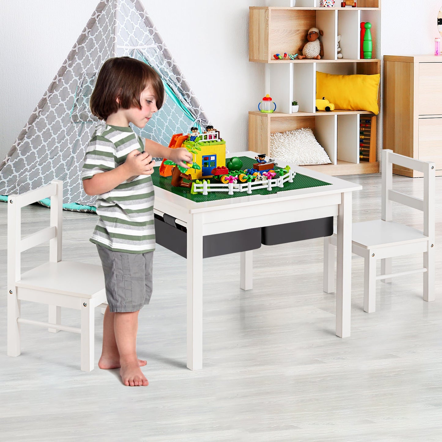 Kids Table and Chairs Set with Building Block Tabletop and Drawers-White