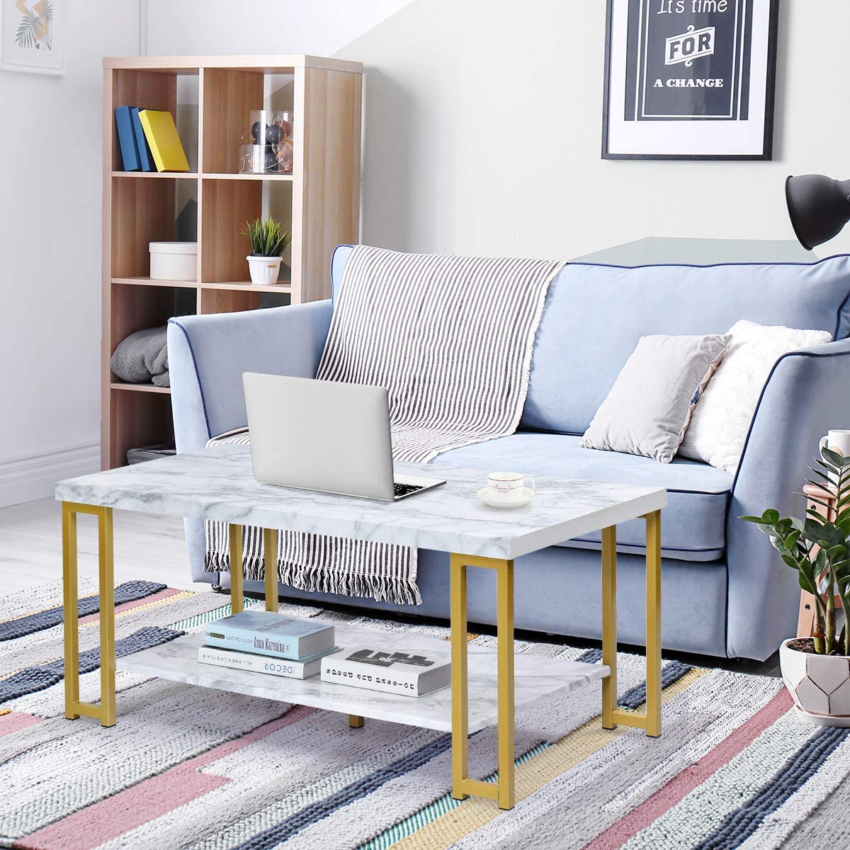 2-Tier Marble Print Coffee Table with MDF Top and Gold Print Metal Frame