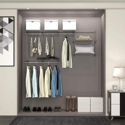 Wall-Mounted Closet Organizer System with Wire Shelving and Cloth Rods