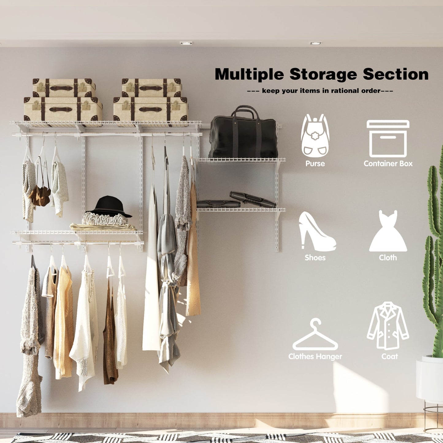 Wall-Mounted Closet Organizer System with Wire Shelving and Cloth Rods