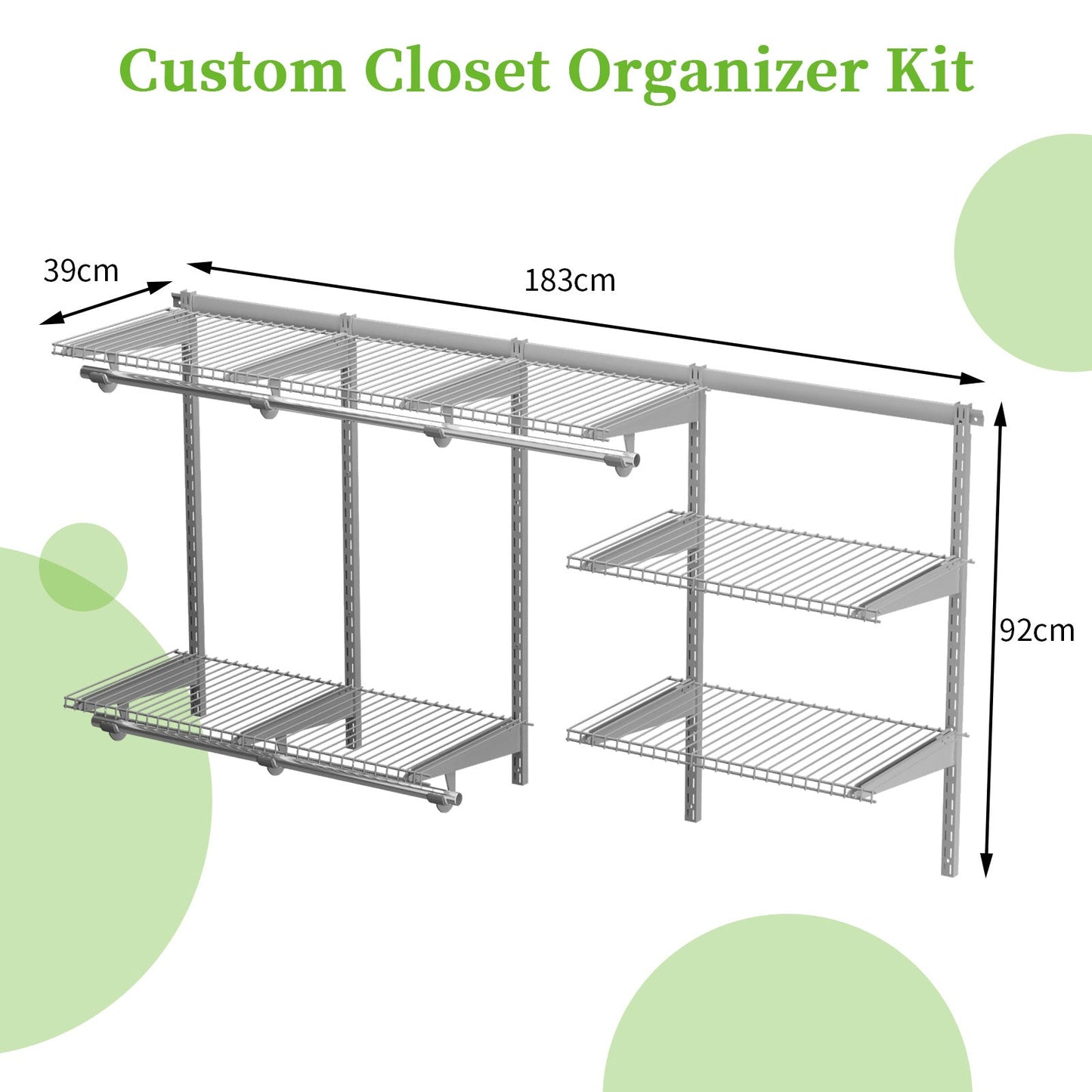 Wall-Mounted Closet Organizer System with Wire Shelving and Cloth Rods