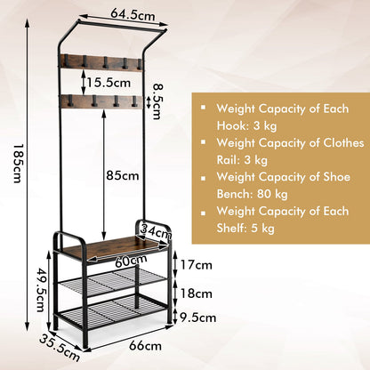 3-in-1 Industrial Shoe Bench Storage Shelf with 9 Removable Hooks