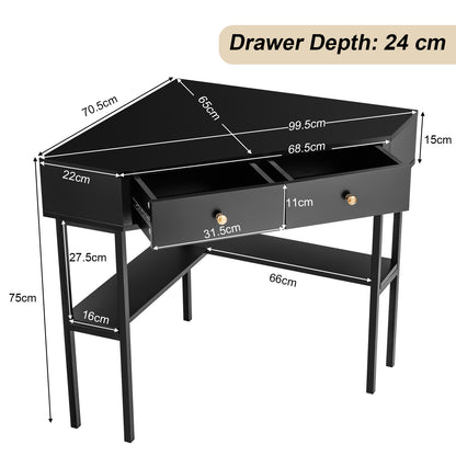 مكتب كمبيوتر مثلثي بزاوية مع درجين ورفوف تخزين - أسود