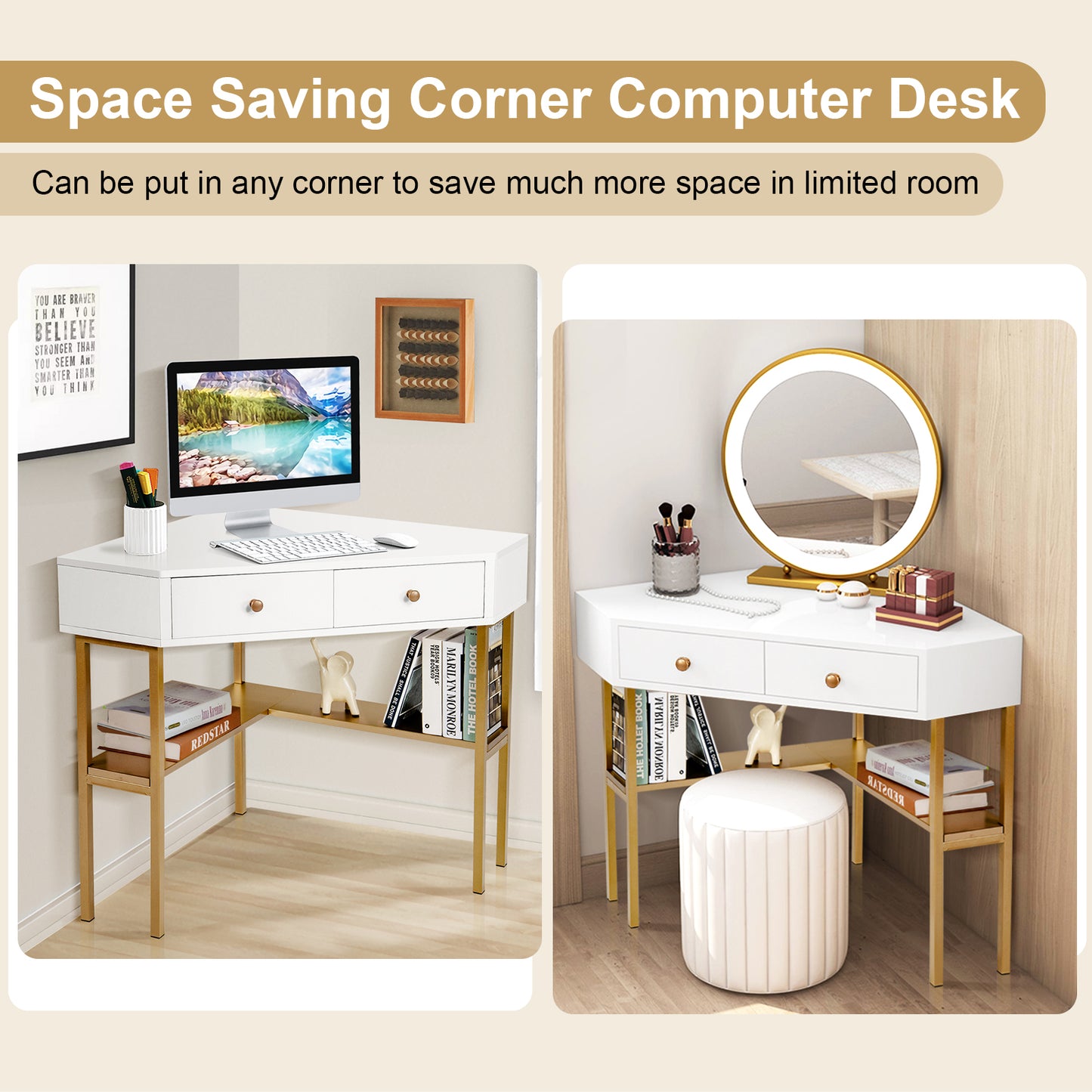 Triangular Corner Computer Desk with 2 Drawers and Storage Shelves-Golden
