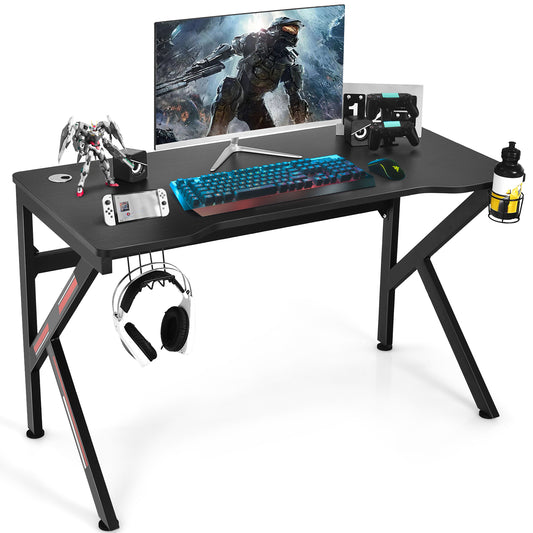 K-Shaped Gaming Desk with Cup Holder and Headphone Hook