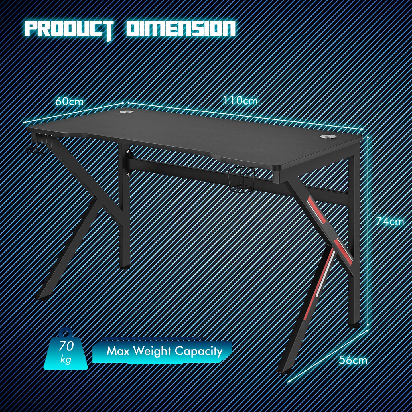 K-Shaped Gaming Desk with Cup Holder and Headphone Hook