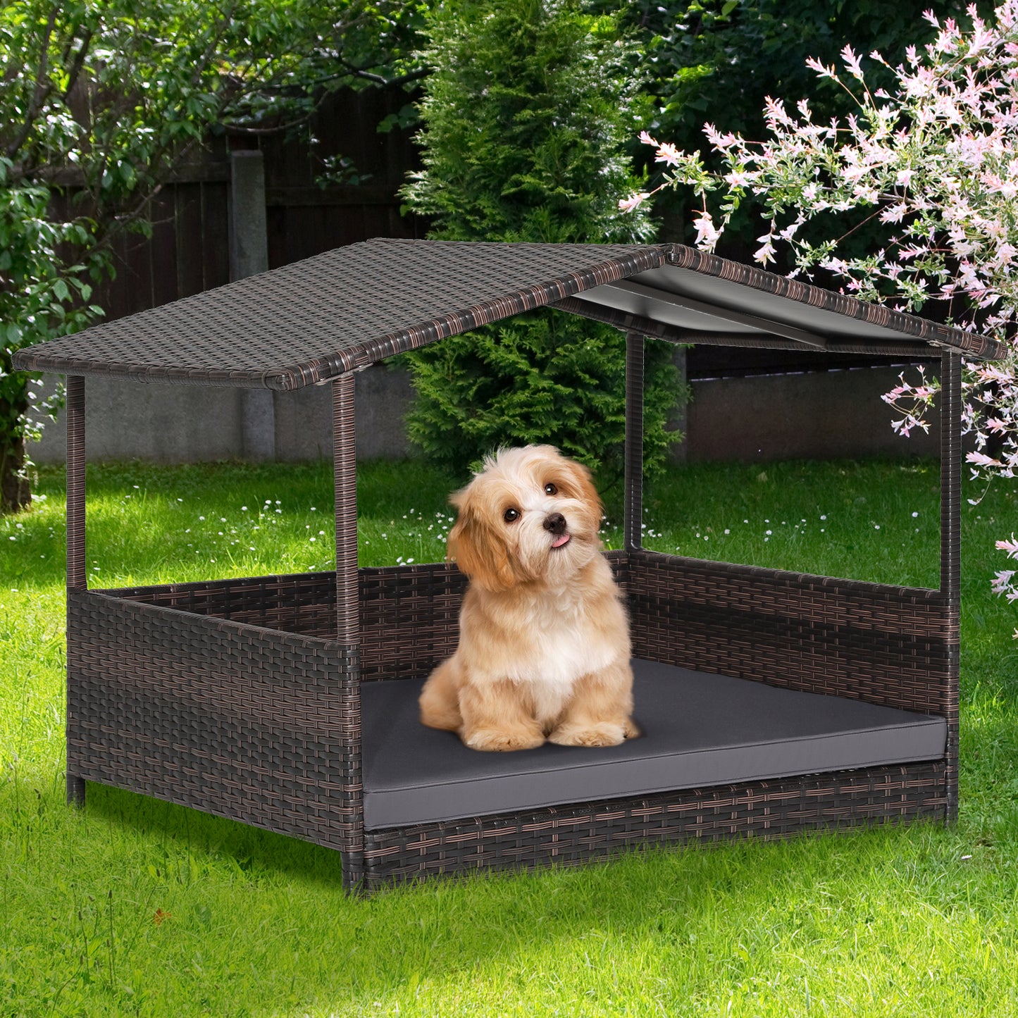 Wicker Dog House with Roof and Removable Cushion for Living Room Yard-Grey