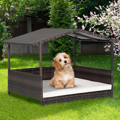 Wicker Dog House with Roof and Removable Cushion for Living Room Yard-White