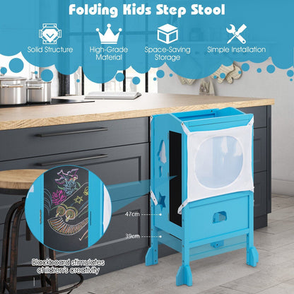 Wooden Kids Kitchen Step Stool with Blackboard-Blue