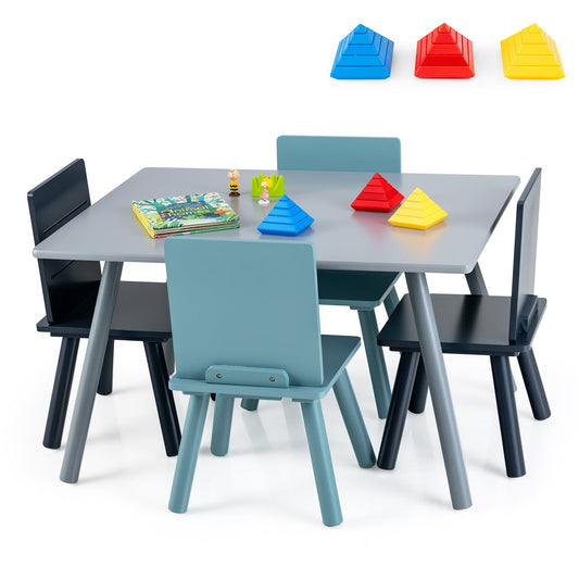 5-Piece Kids Table and Chair Set with Building Blocks for Playing Writing-Blue