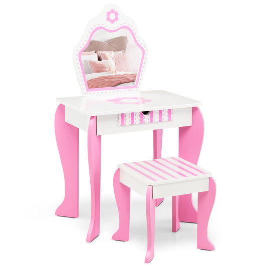 Kids Vanity Table and Stool Set with Mirror and Drawer-Pink; White