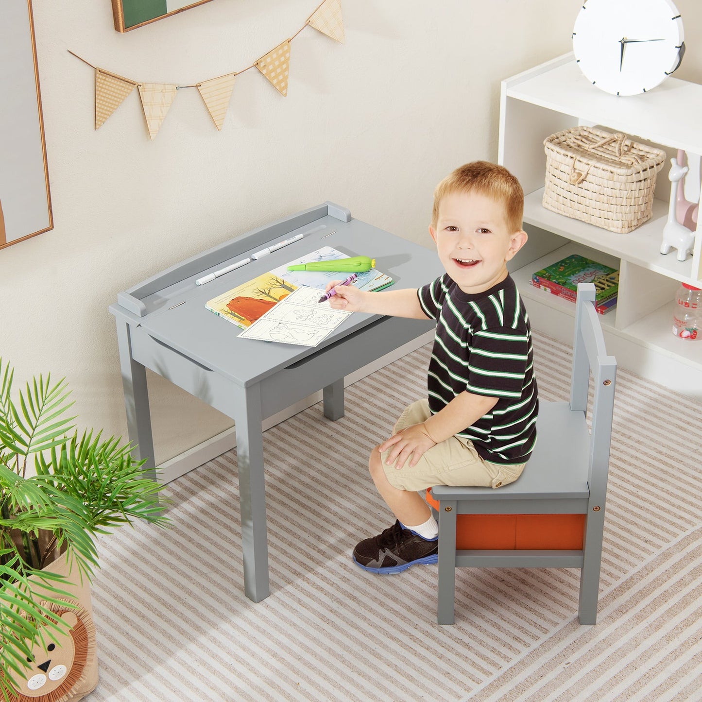 Kids Table and Chair Set with Hidden Space and Hook-Grey