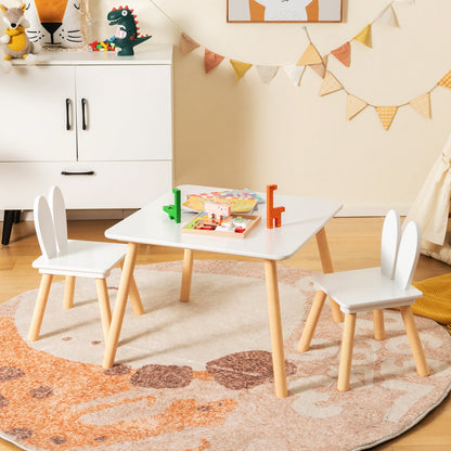 Kids Wooden Table and Rabbit Chairs Set with Space-Saving Structure-White