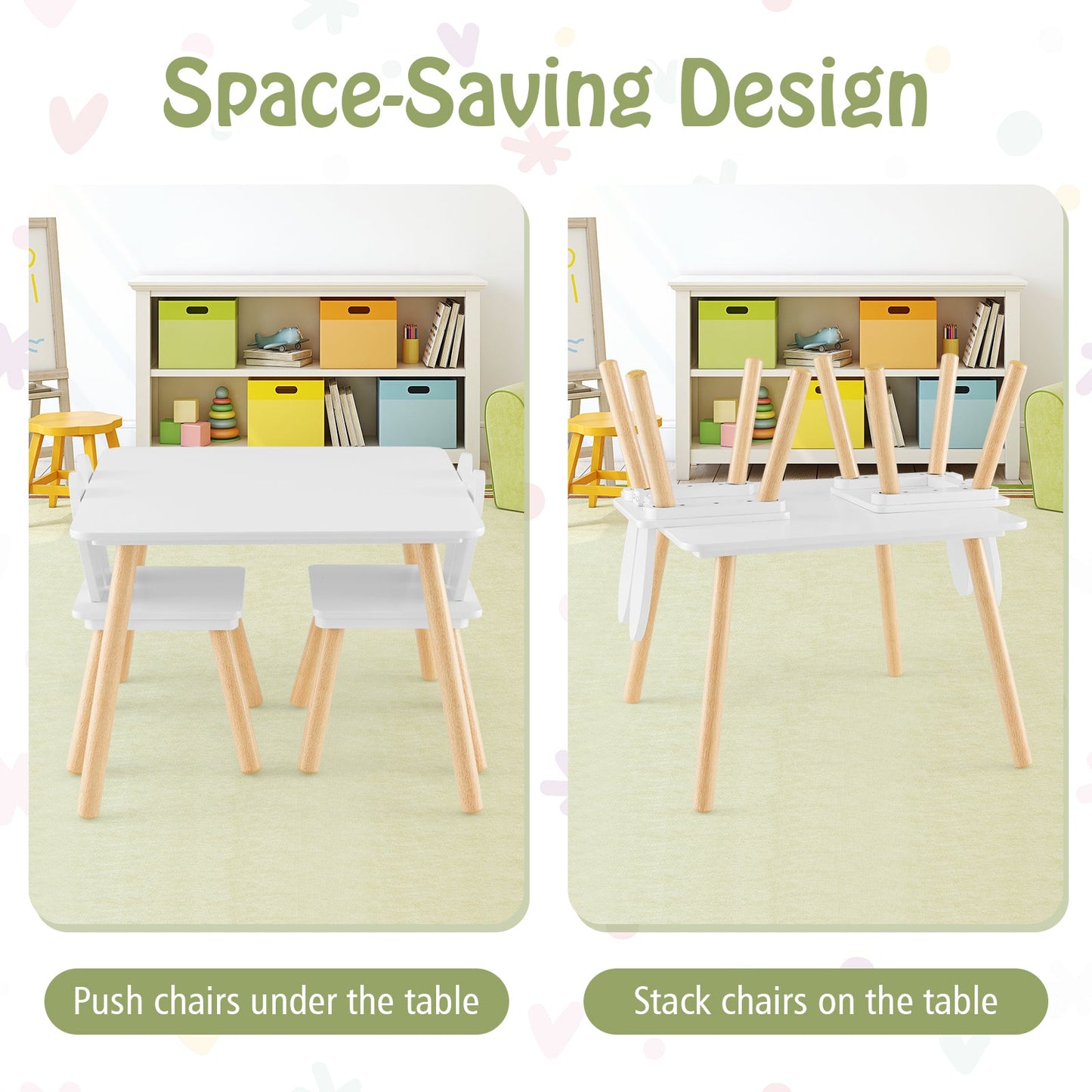Kids Wooden Table and Rabbit Chairs Set with Space-Saving Structure-White